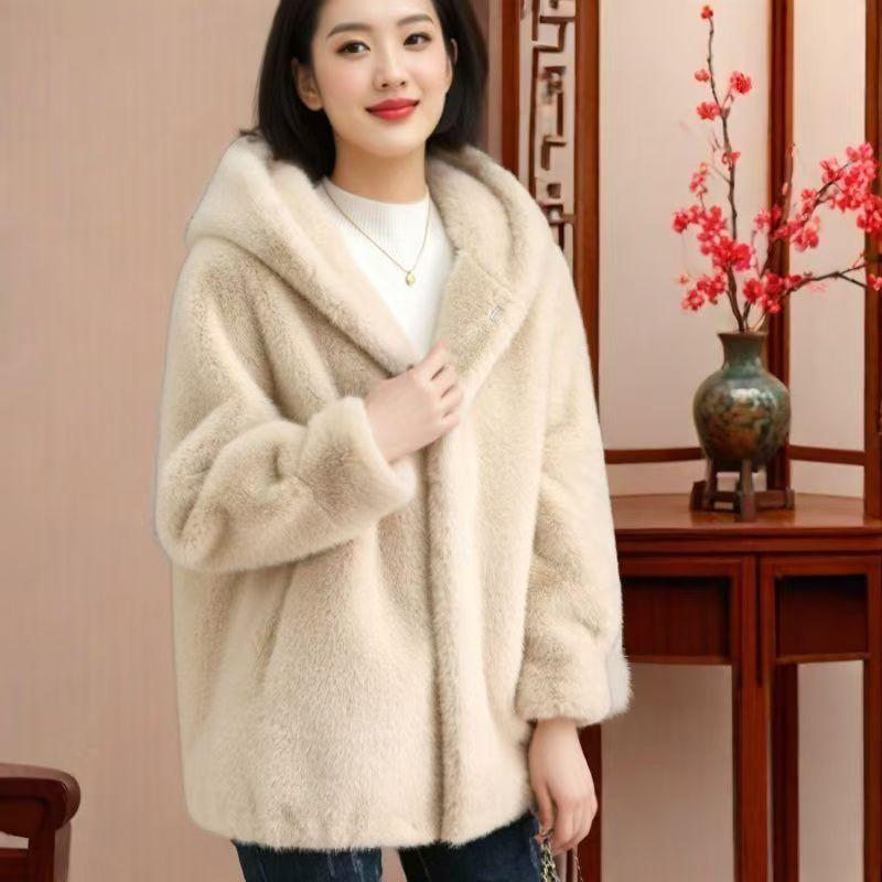 Fashion Imitation Mink Fur Coat For Women Warm Hooded Overcoat Young Style Fur Coats Female Artificial Outerwear