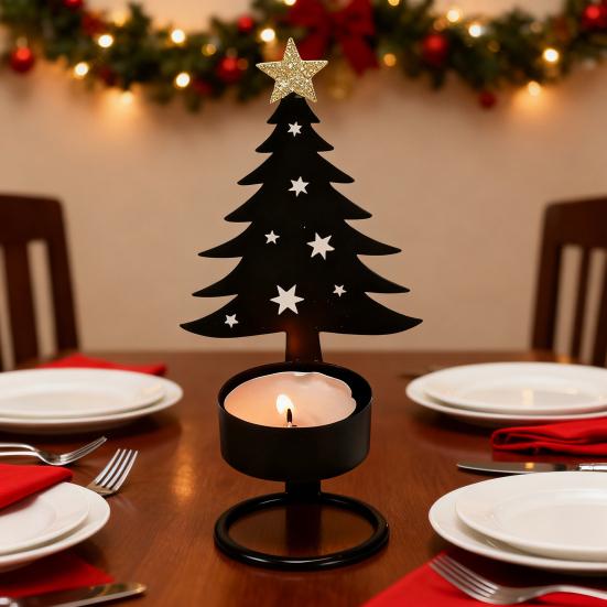 Metal Christmas Tree Candlestick Small Tree Shaped Candle Holder Holiday Tabletop Centerpiece for Home Shelf Fireplace Decor