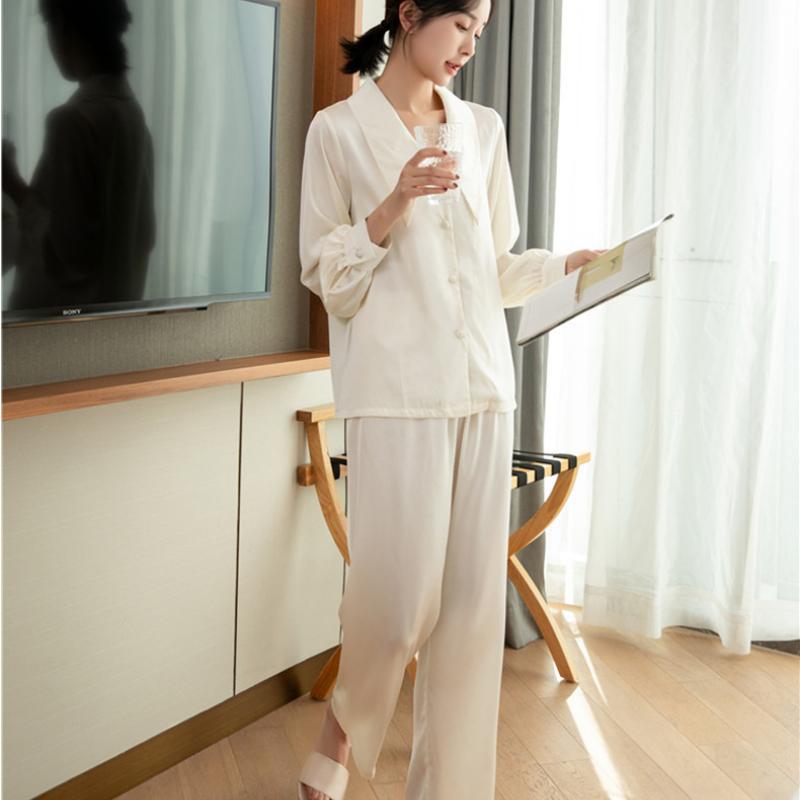 Ledový hedvábný oblek Ženy Francouzský Vintage Elegantní Pyžamo Elegantní Jednobarevné Jednoduché Kalhoty s dlouhým rukávem Podzimní Princezna Styl Domácí oblečení Dvoudílné Oblečení Elegantní