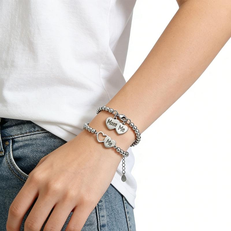 1 Set Elegant Mother And Child Beaded Bracelet Pink And Silver Optional Wristband For Family Bonding