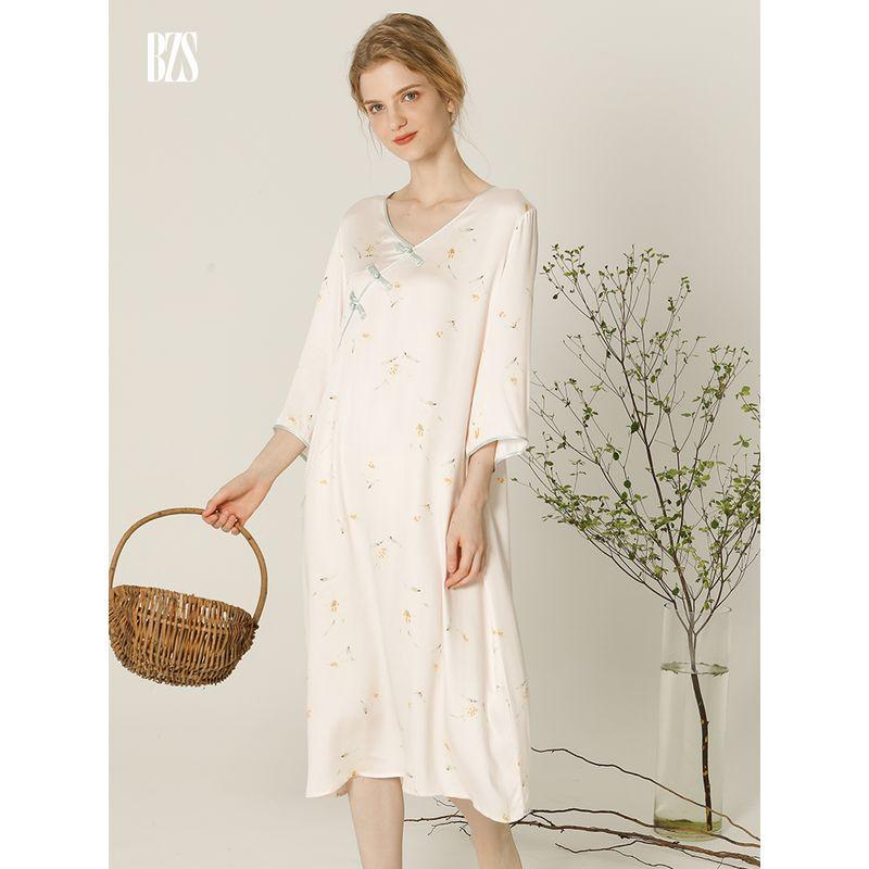 2024 Summer Cotton Silk Mid-Sleeved Night Skirt Women's Summer Cotton Satin Retro National Style Artificial Cotton Elegant Buckle Night Dress