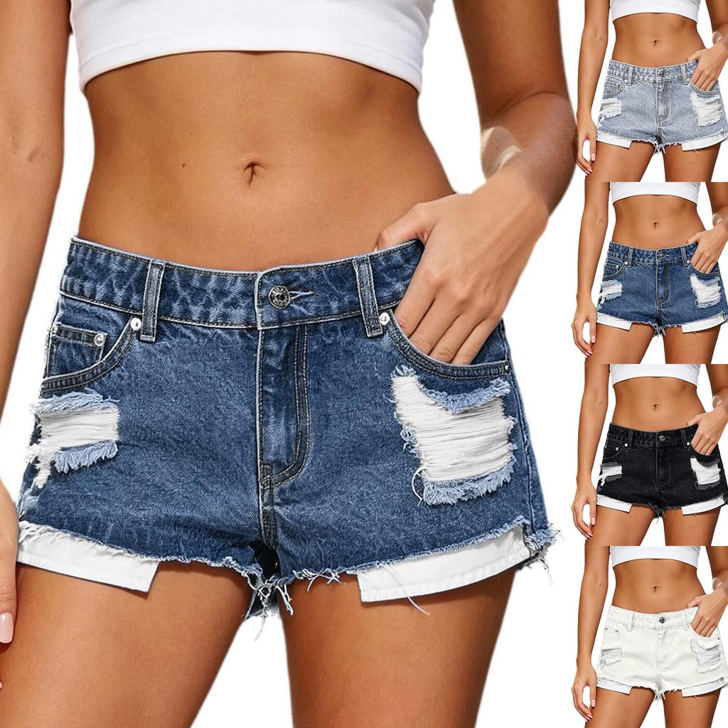 Women's Low- Ripped Denim Shorts with Distressed Wash Casual Summer Wear