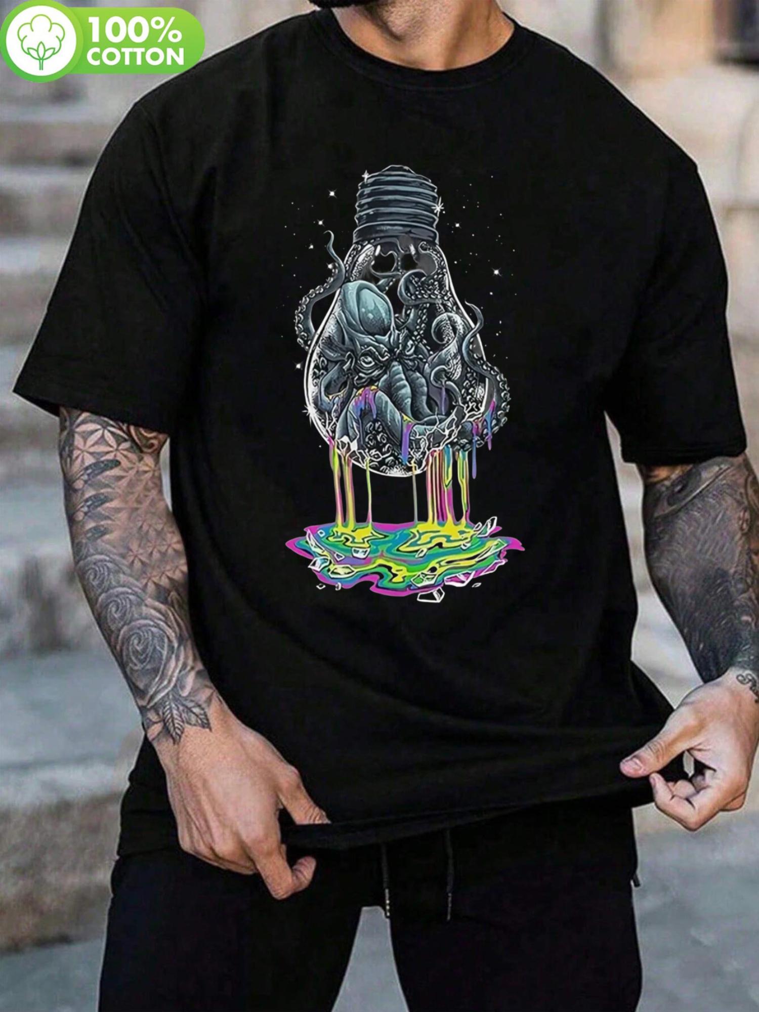 

Retro Street Hip Hop Graphic T-shirt - Octopus & Light Bulb Print XXL