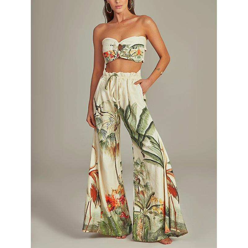 

Кружевные длинные брюки на шнуровке с цветочным принтом и купальник-бандо для женщин Small бежевый