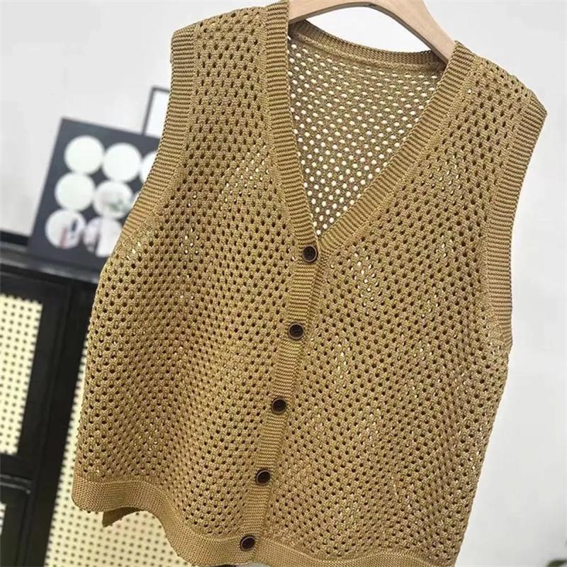 Knitted Vest Coat Women Spring Autumn Hollow Sweater Sleeveless Jacket Ladies Loose Large Size Cardigan Waistcoat Top