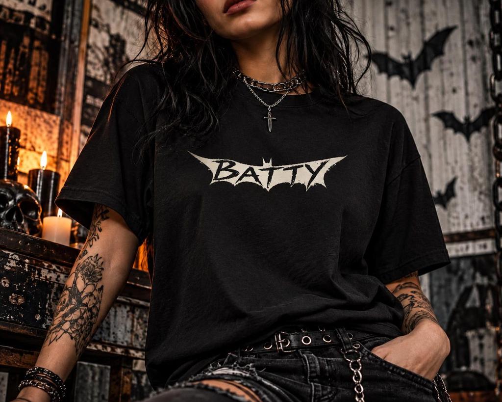 Batty Graphic T-Shirt, Gothic Bat Shirt, Alternative Streetwear Tee, Halloween Shirt, Dark Aesthetic Clothing, Punk Grunge Tee