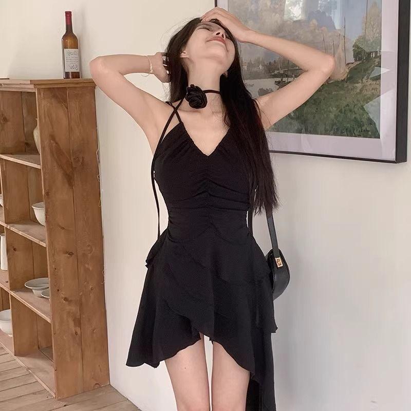 V Neck Y2k Women Dresses Solid Black Flowers Vintage Spring Summer Vestidos Mujer Fashion High Waist Sexy Mini Dress