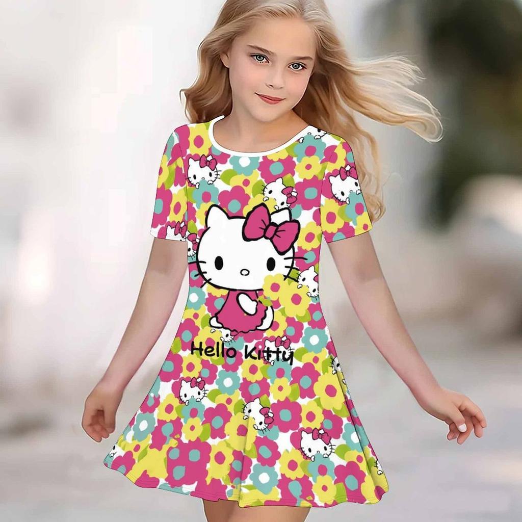Girls 3D Print Dresses Kids Girl Party Short Sleeve Princess Dress Tank 3D Likable Cartoon Print Dress