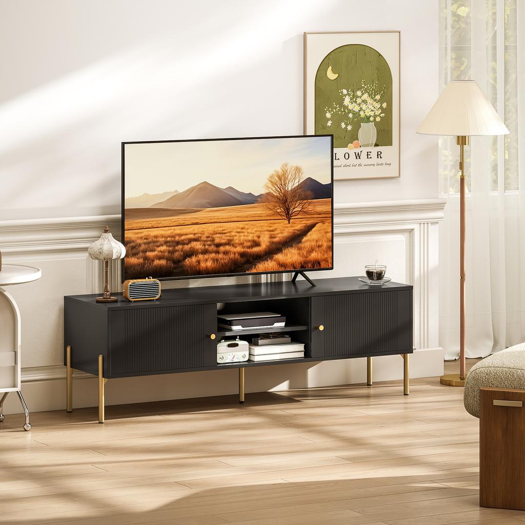 TV stand for TVs up to 65", Fluted Doors, Open Compartments, Steel Legs, 140 x 38 x 45.9 cm, Black