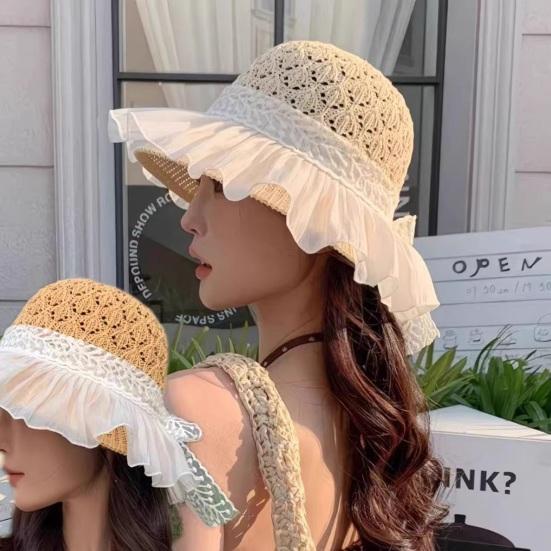 Bucket Hat High-Density Sunscreen Fabric Wide Brim Fisherman Hat Bowknot Lace-up Mesh Yarn Decor Travel Sun Hat