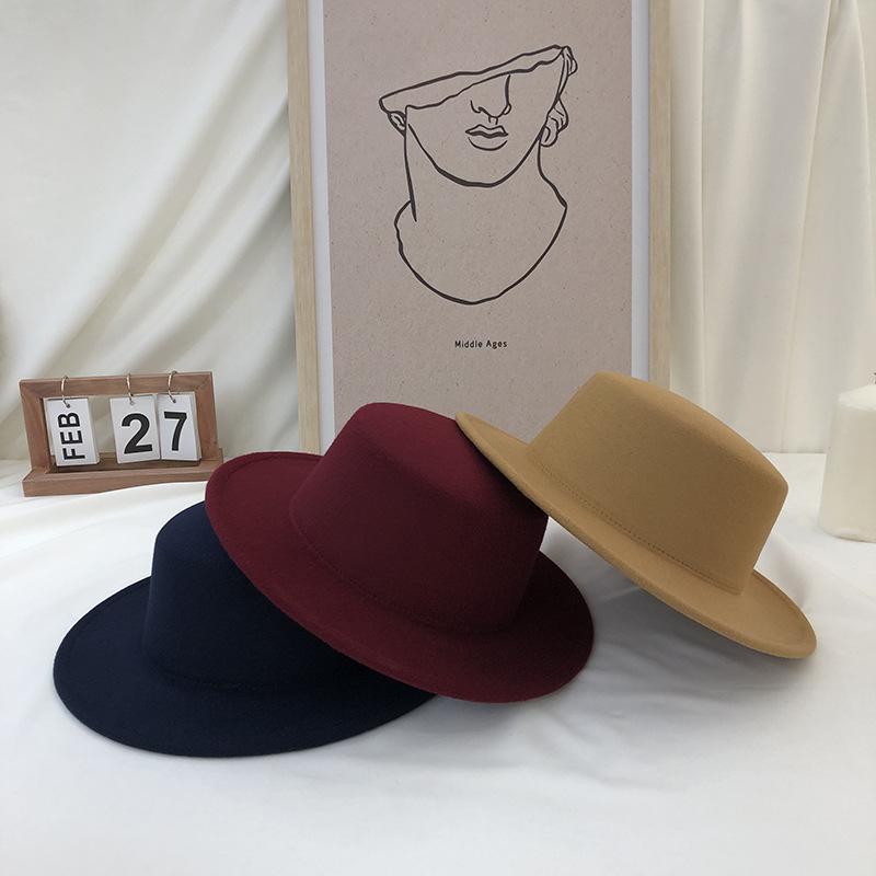 Flat top woolen hat women autumn and winter French retro casual wide brim Internet celebrity new British celebrity top hat