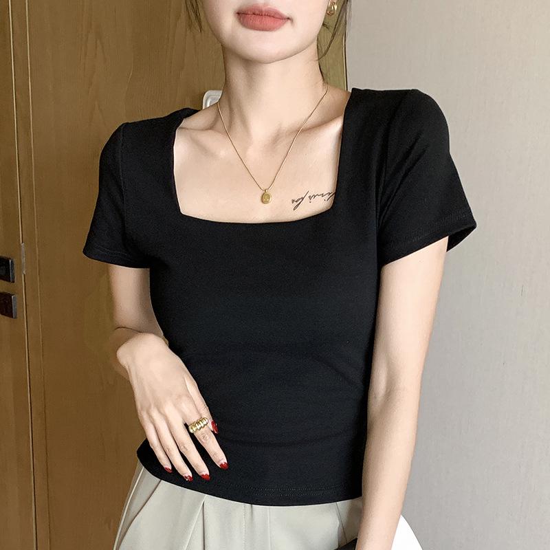 Square Neck Slim Fit Short Sleeve White T-Shirt for Women - Spring/Summer New Style