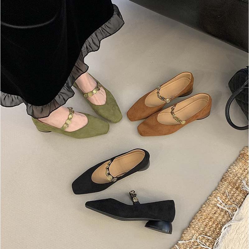 Green shoes shoes women's 2025 new popular autumn and winter suede square head gold coin chain velvet Mary Jane women's shoes