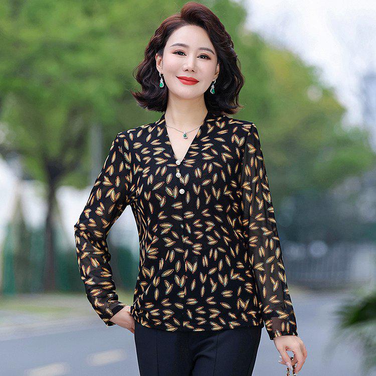

Women s Casual Spring/Summer Printed Long Sleeve T-shirt - Loose Fit, Plus Size, Slimming Top 5XL лист/кавовий