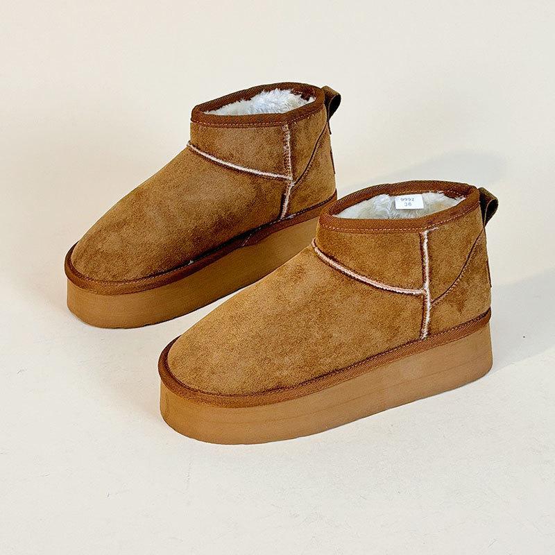 9992 New Snow Boots Women's Spring and Winter Cotton Shoes Casual Velvet Solid Color Heightening Warm Mid-top Cotton Boots