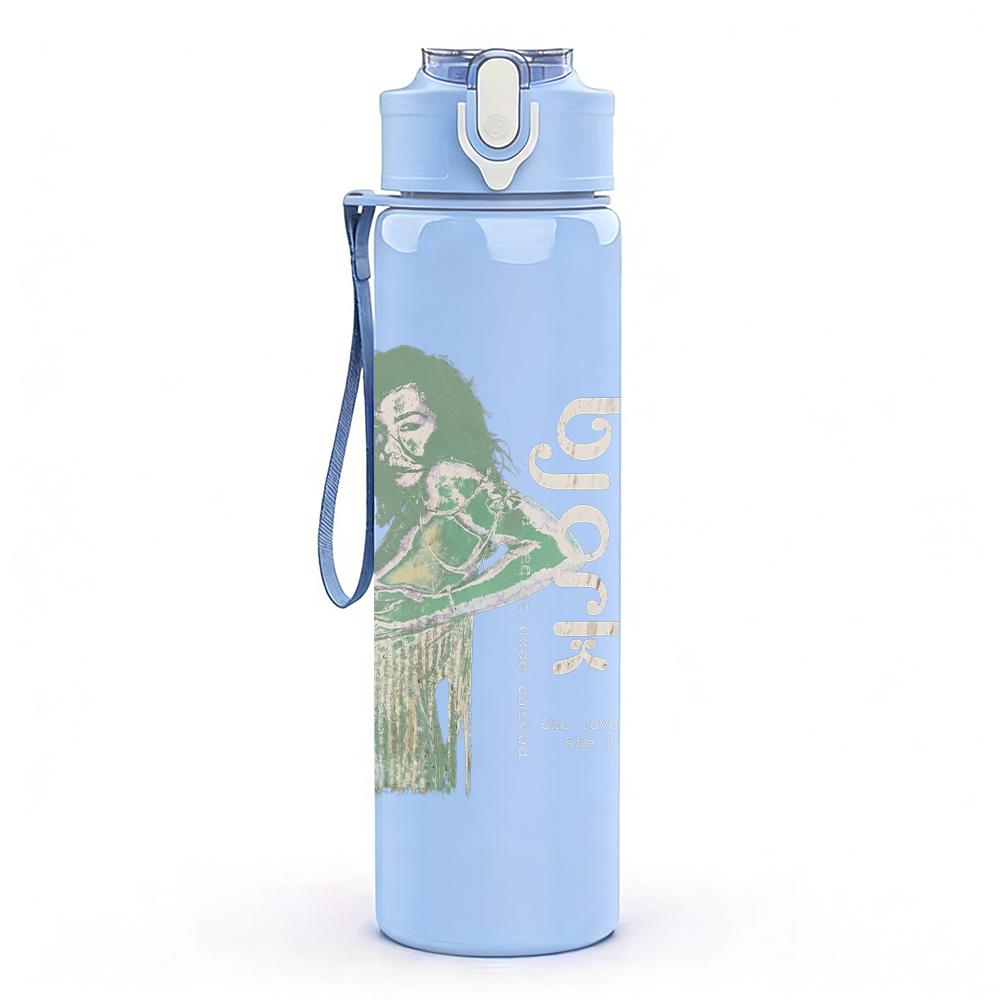 1PC Retro female singer faint silhouette print 750ml colorful plastic sports water bottle leakproof pop up lid with straw for outdoor work home use