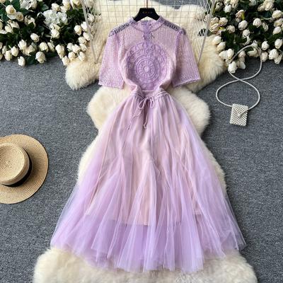 Suknia w stylu dworskim w stylu francuskim dla kobiet z okrągłym dekoltem, krótkim rękawem, sznurowaniem, sukienkami maxi, eleganckimi sukienkami w kształcie litery A
