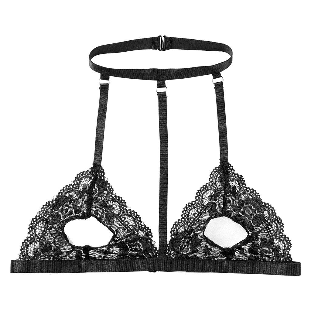 Dámská bezdrátová podprsenka bez podšívky z průhledné krajky Halter Neck Strappy Hollow Out Bra