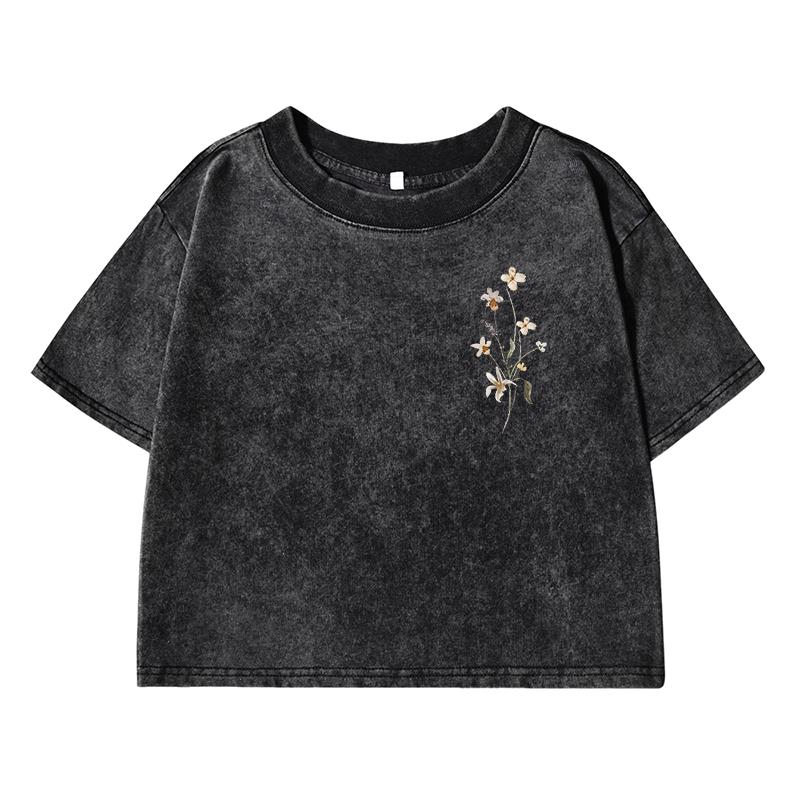 Beautiful Flower Printing Female Washed Short T-Shirt Summer Cool T Shirts Distress Clothes Breathable Retro T-Shirt