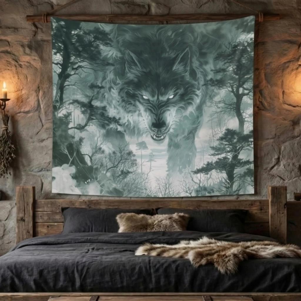 Dark Forest Wolf Wall Tapestry Mysterious Gray Beast Wall Hanging Peach Skin Fabric Aesthetic Room Decor for Bedroom Living Room