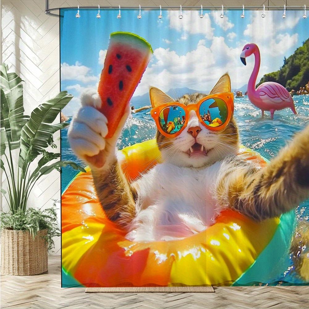 Funny Cat with Sunglasses Waterproof Mildew-Resistant Shower Curtain - Tropical Beach Design for a Playful Bathroom Décor