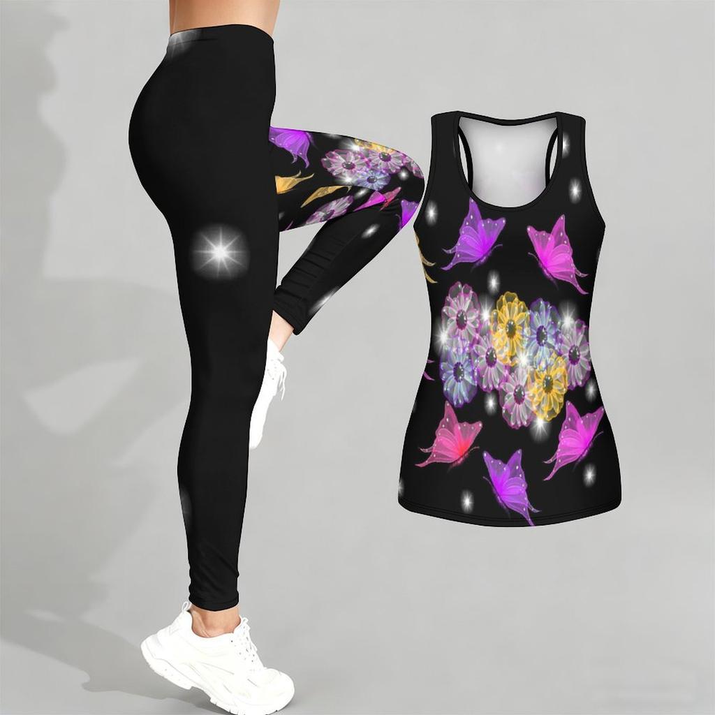 Butterfly Print Yoga Outfit for Women Fashion Workout Leggings Fitness Sports Casual Yoga Set Sports Suit