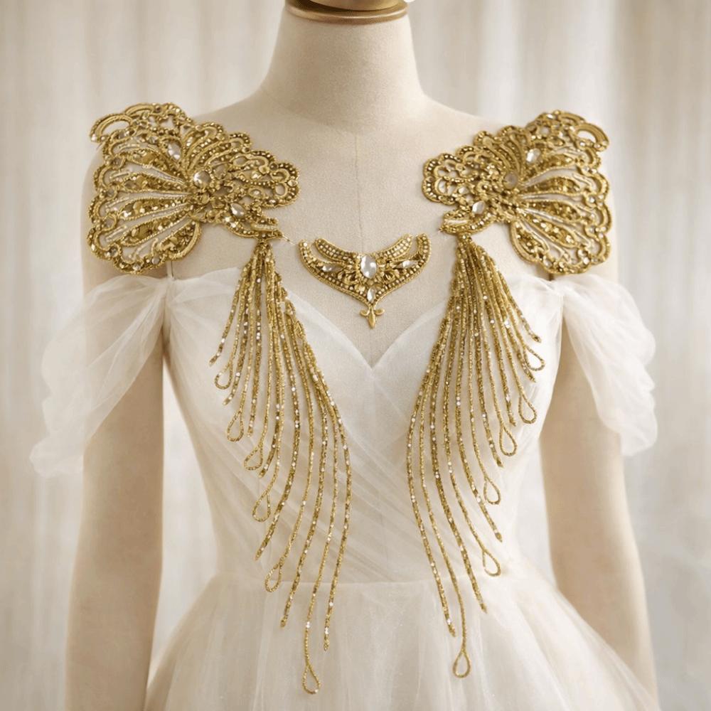 1 Set Gold Silver Sequin Lace Fabric Patch Embroidered Tassel Sequined Patch Bodice Collar Applique Elegant Organza Trim
