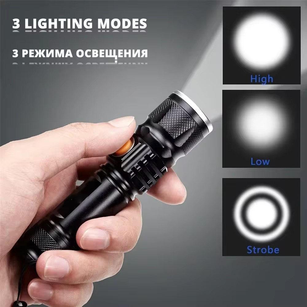 Powerful LED Flashlight With Tail USB Charging Head Zoomable Waterproof Torch Portable Light 3 Lighting Modes Built-in Battery