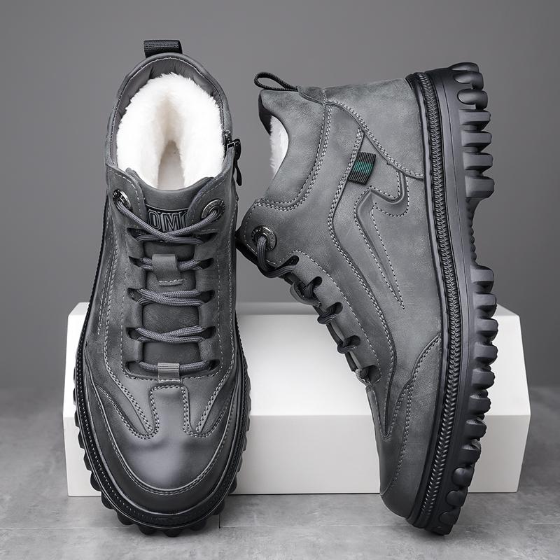 Fashion Classic Mens Winter Boots Genuine Leather Sneakers Fur Plush Snow Shoes Outdoor Warm Ankle Boots Outdoor Male Hiking Shoes Botas