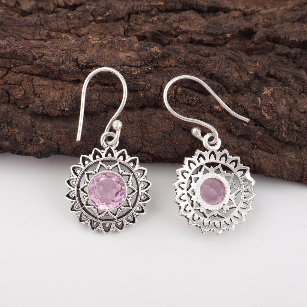 Rosa Kunzit Ohrring, Handgefertigter Edelstein 925 Massiv Sterlingsilber Ohrring Antikschmuck, Für Verlobungsgeschenk