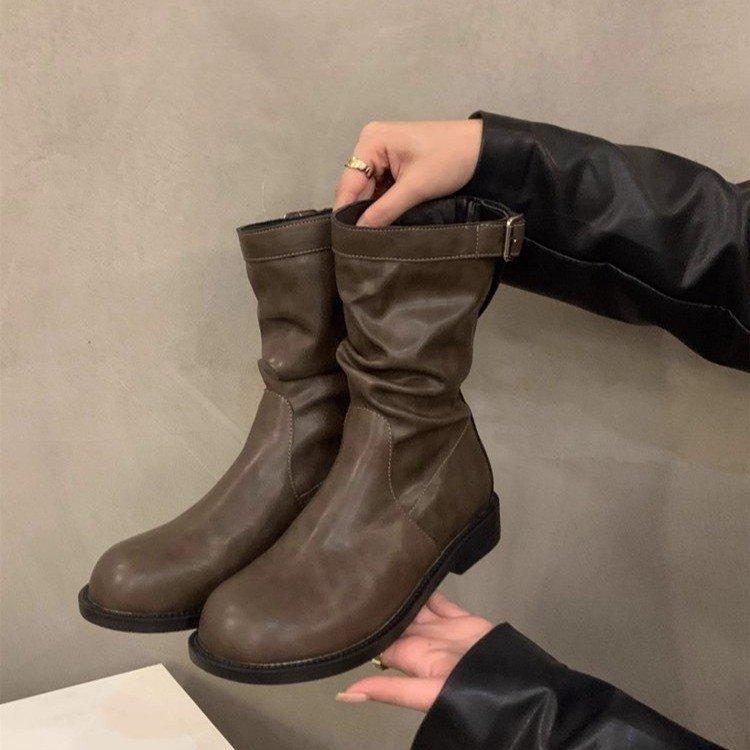 

Thick heel retro medium boots knight boots women s shoes 2025 new autumn and winter piled small short boots Martin boots 40