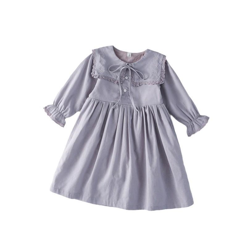 Girls' Spring Embroidered Lace Collar Long Sleeve Cotton Dress