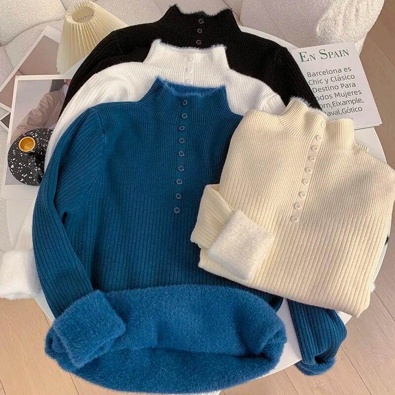 Autumn Winter Casual Thickened Cashmere Sweater Women Office-lady Warm Knitted Long Sleeve Pullovers Fashion Warm Tops 29470