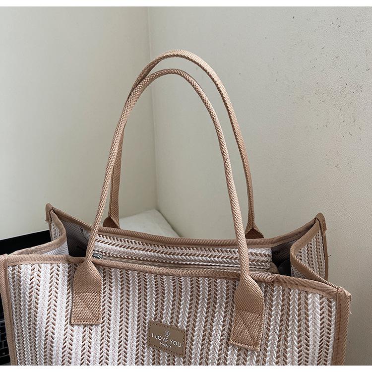 Borsa a Tote Grande in Tela Estiva 2025 da Donna - Borsa a Spalla Casual a Strisce per Studenti e Pendolari