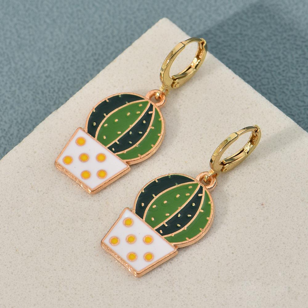 

Green Cactus Rainbow Leaf Dangle Earrings for Women Girls Creative Fresh Enamel Metal Hoop Plant Earrings Female Jewelry Gift