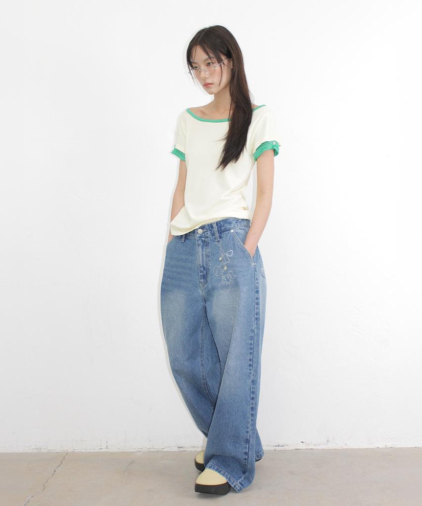 RONRON Heart Button Roll Up Layered T Shirt Soft Yellow