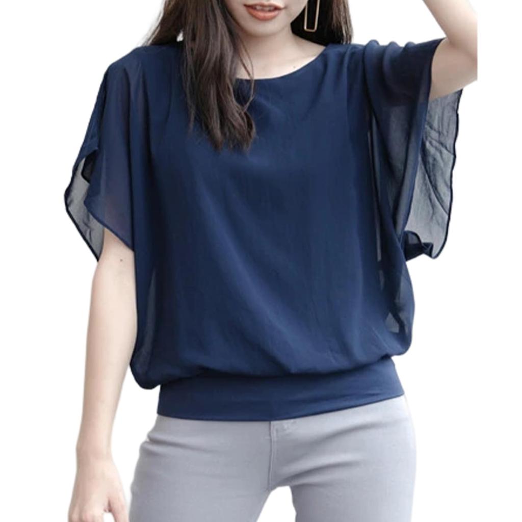 Shirt Blouse Dolman Sleeve Chiffon Short Sleeve Top Office Casual Loose Fit Body Covering Lined Large Size Plain Cut and Sew Cute Fashionable Slimming