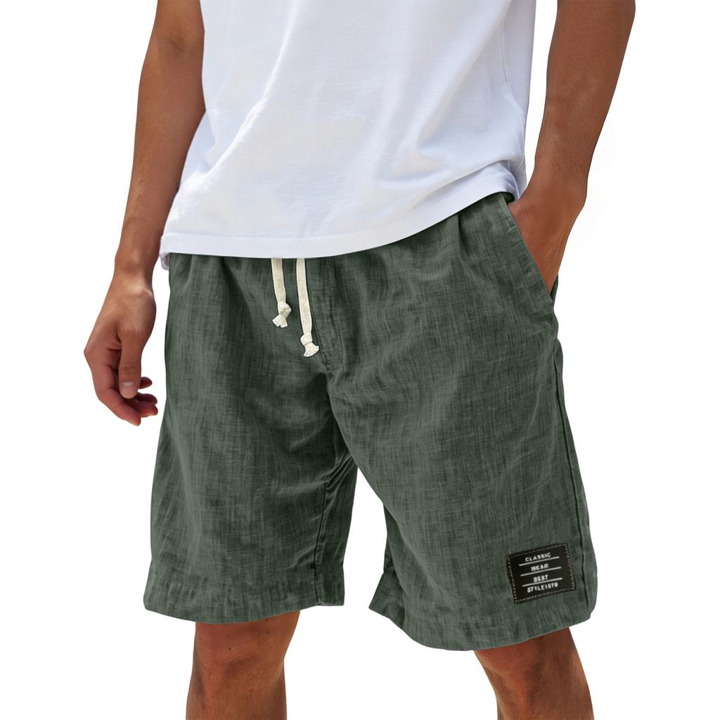 Men Drawstring Waist Casual Shorts Relaxed Fit Lightweight Breathable Fabric Summer Style with Patch