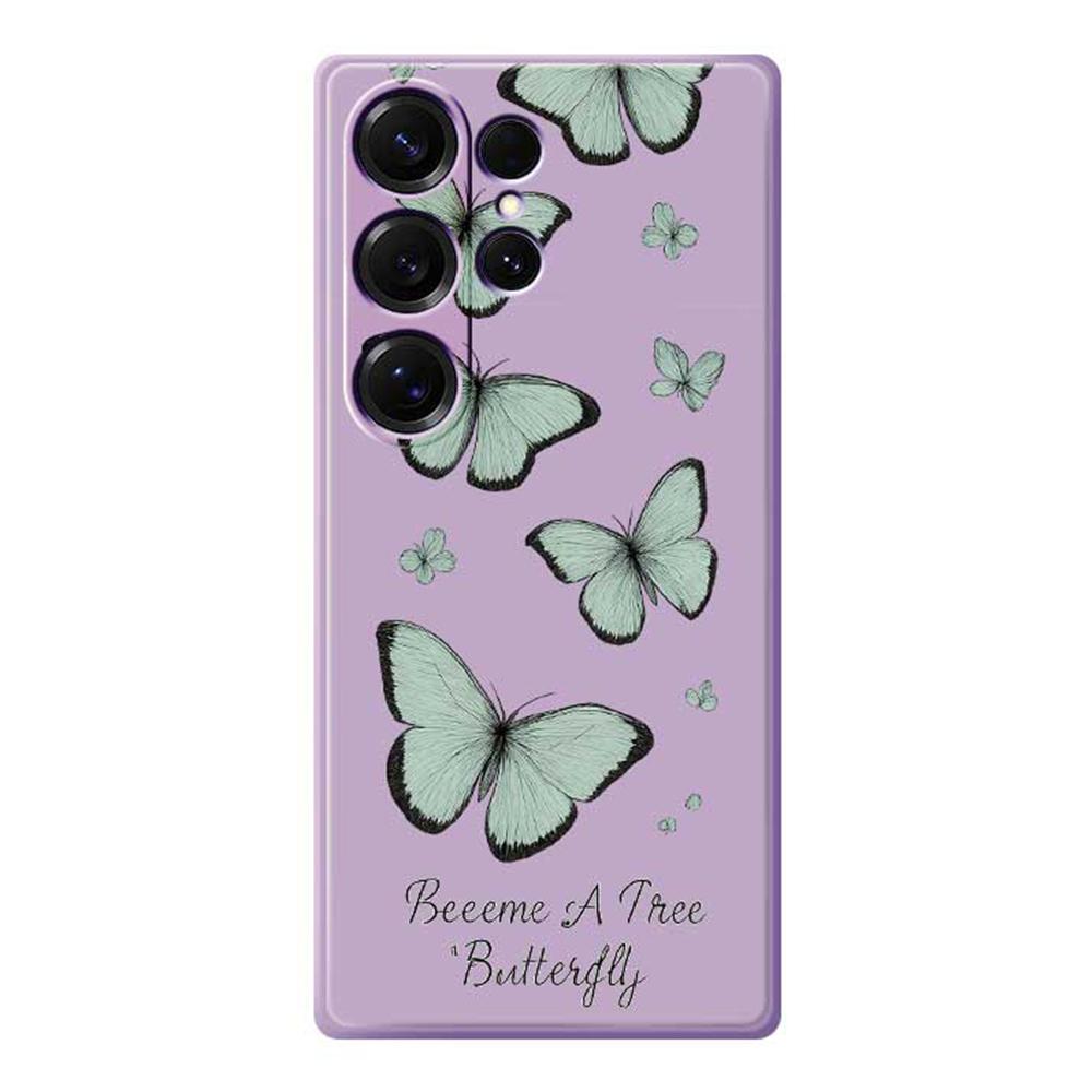 

For Samsung Galaxy S25 Ultra Case Green Butterfly Pattern Printing Straight Edge TPU Phone Back Cover Purple
