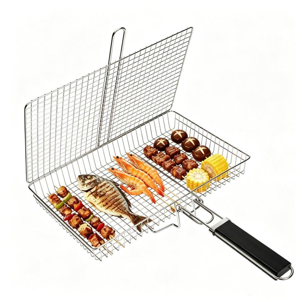 Large Size Grill Basket Lockable Design BBQ Grill Basket Fish Grill Basket  Outdoor Camping