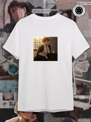 TeeSensation White Crew Neck Short Sleeve T-Shirt with Levi Ackerman Sitting by Window Anime Print