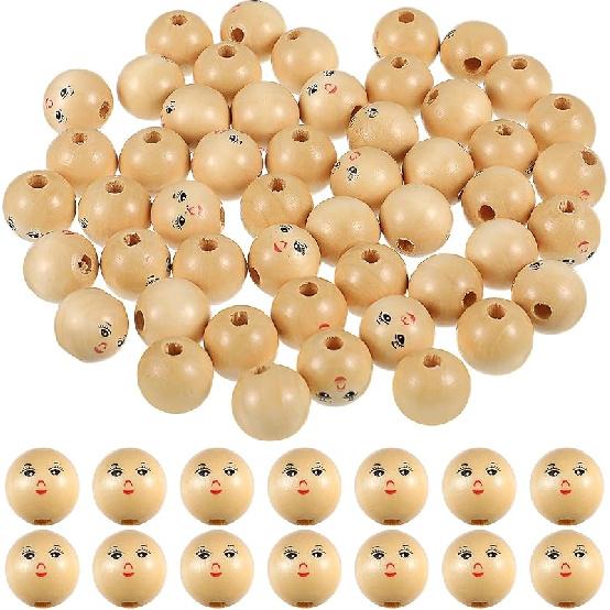 Wood Smile Beads 50pcs 14MM Wooden Round Beads Smile Face Ball Wood Beads Spacer Beads with Hole for DIY Jewelry Bracelet Necklace Craft Making