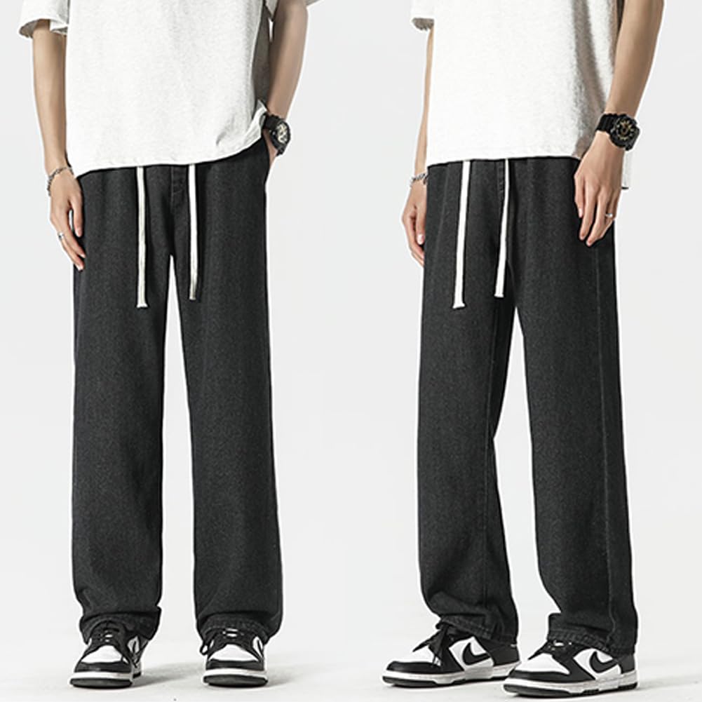 DOUBLE ART Men's Denim Pants, Plain Jeans, Baggy Pants with Drawstring, Easy Fit, Wide Leg Pants, Casual, Loose Fit, Sizes S-3XL (XCNZK02-Black-L)