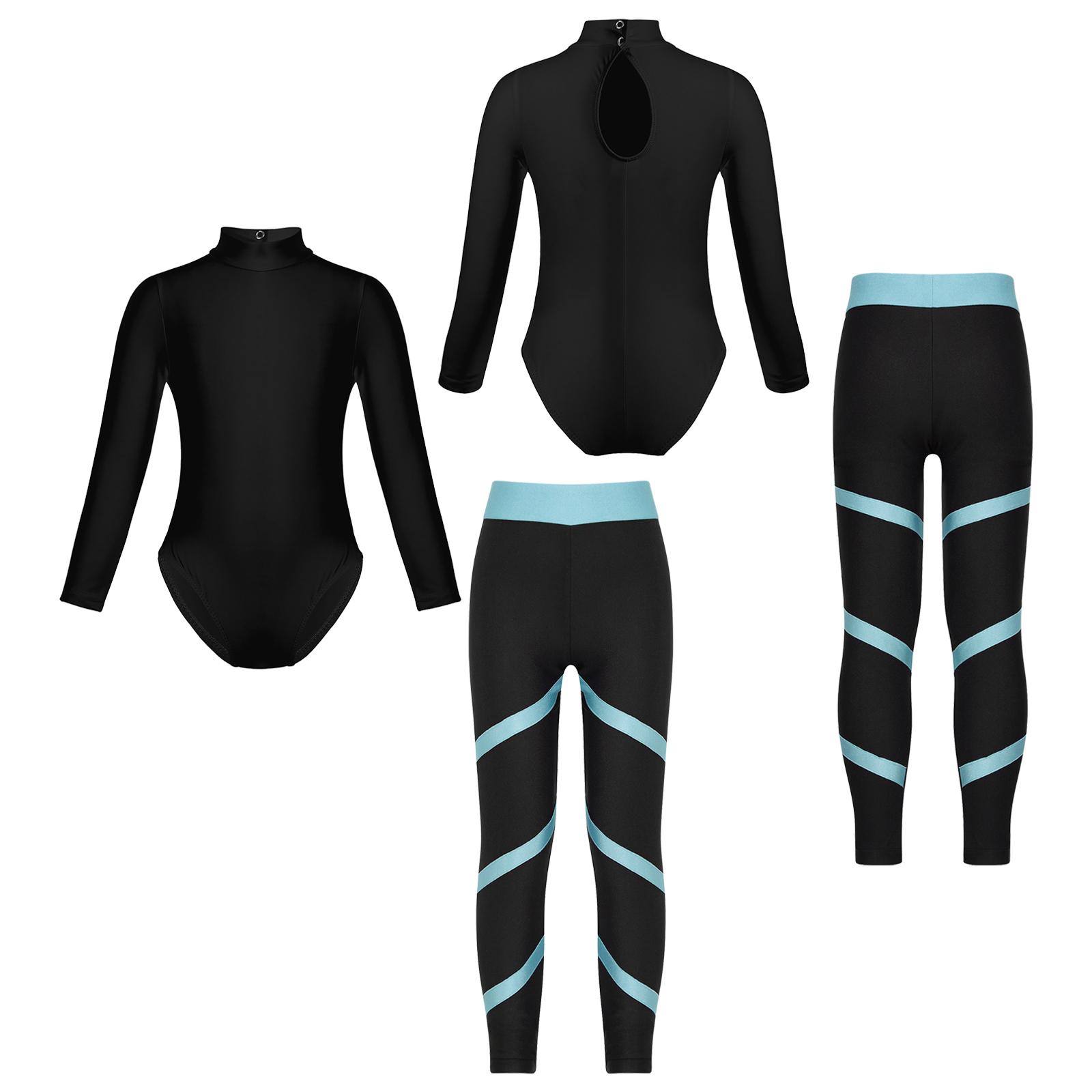 Fldy Kinderen meisjes gymnastiek dans sportsets turnpakje met lange mouwen en leggings danskleding outfits 5-6 Years lichtblauwe kleur