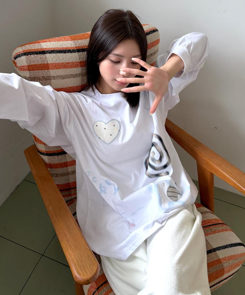 MONGDOL Patchwork Graphic Long Sleeve T-Shirt White Mdts105White