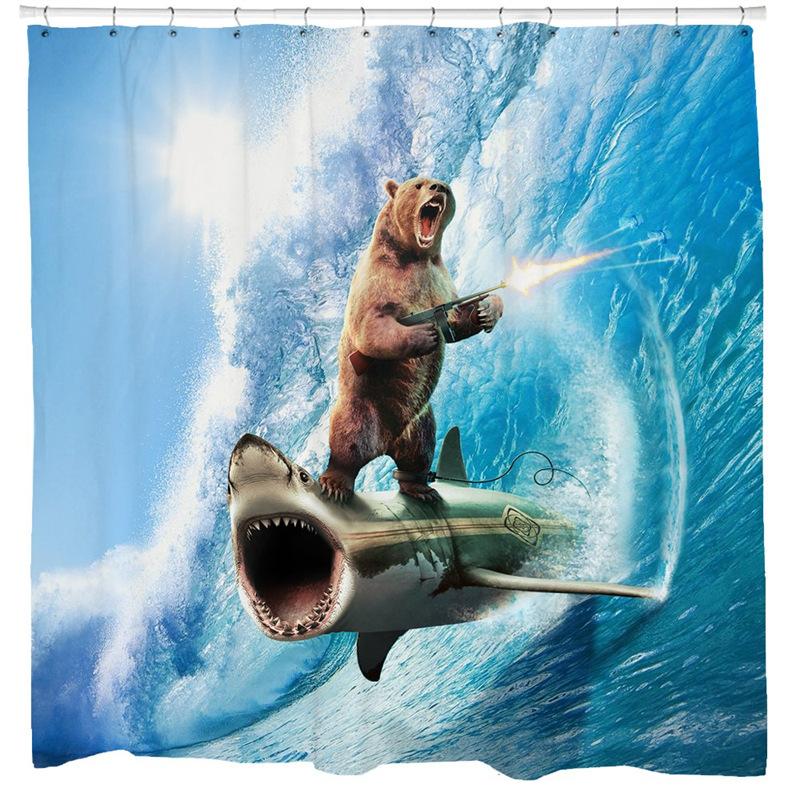 Pirate Cat Riding Shark Shower Curtain Funny Space Galaxy Rainbow Waterproof Fabric Bath Curtain With Hooks For Bathtub Decor