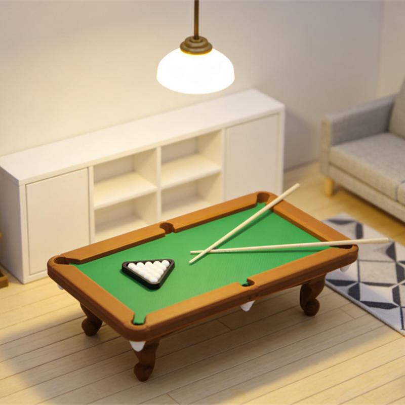 Mini Pool Table 112 Scale Dollhouse Billiard Model Kit 1 Set with Cue Rack for DIY Kids Play Room Setup