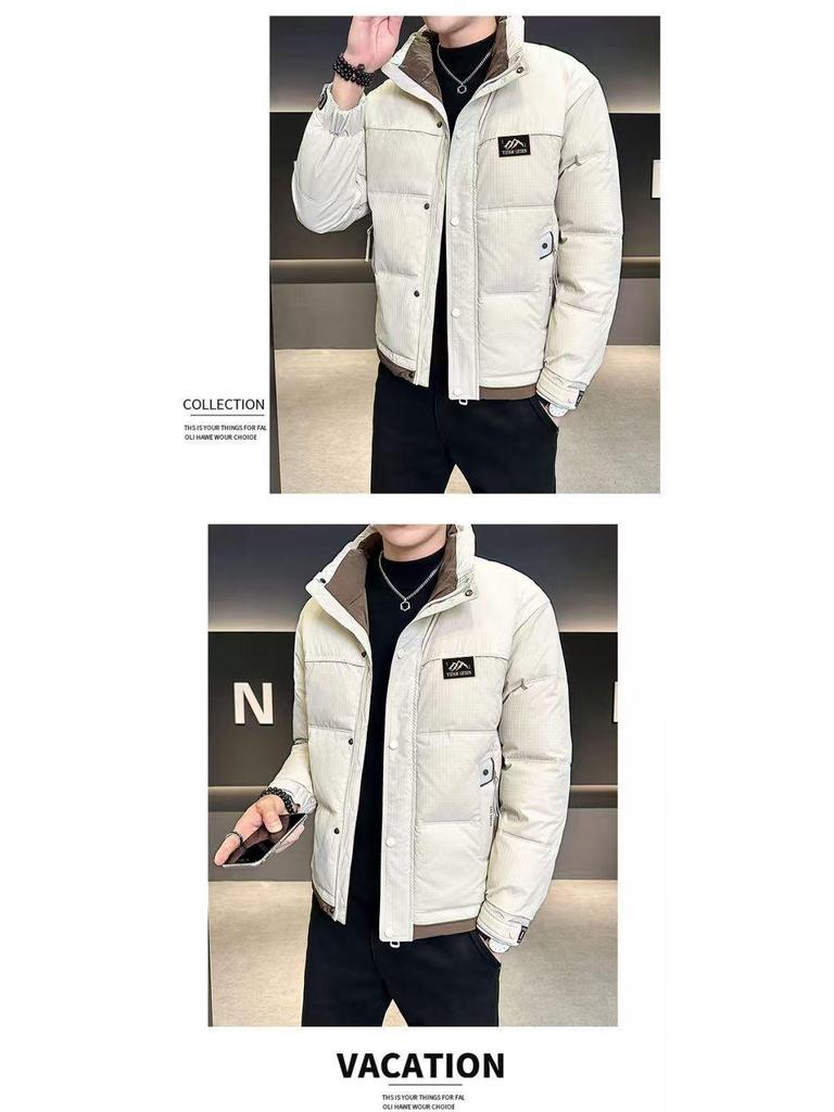 Echte Herren-Winter-Daunenjacke mit Stehkragen, schmaler Passform – Dicke, kurze Oberbekleidung