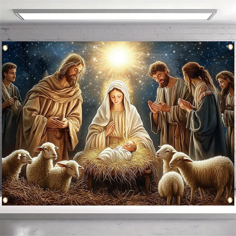 2D Flat Banner 1 Piece Christmas-themed Background Fabric Nativity Sheep Pattern Party Banner Polyester