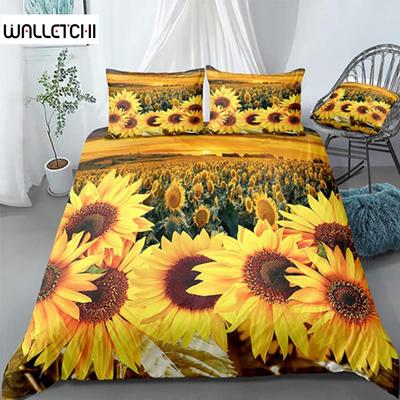 Yellow Flower Duvet Cover Set Sunflower Bedclothes Sunflower Fields with Sunset Printed Botanical Flowers Polyester Bedding Set